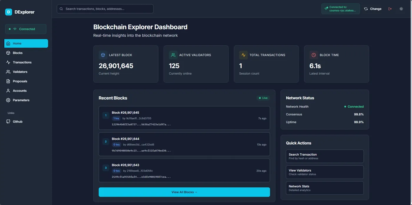 Dexplorer dashboard for a Cosmos chain with live blocks and transactions