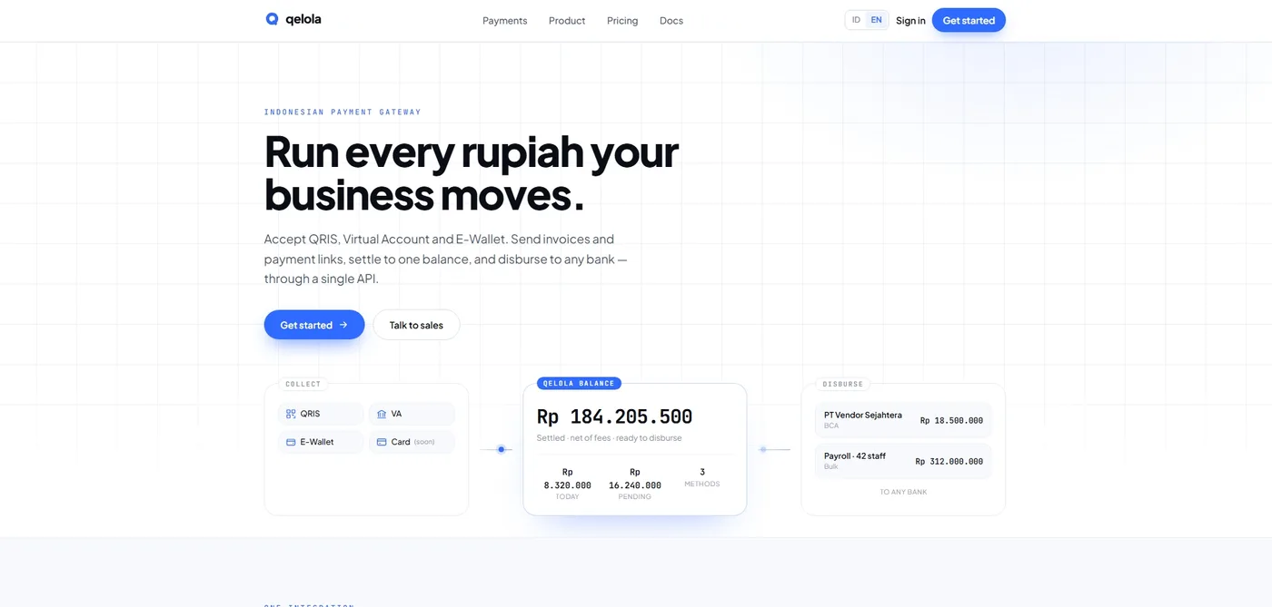 Qelola landing page showing rupiah collection by QRIS, virtual account and e-wallet, a settled balance, and bank disbursements