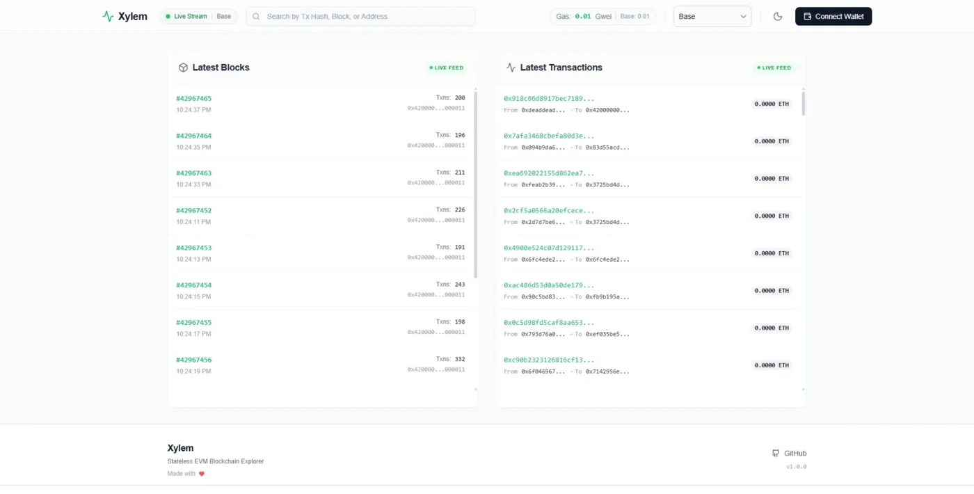 Xylem streaming the latest blocks and transactions from Base